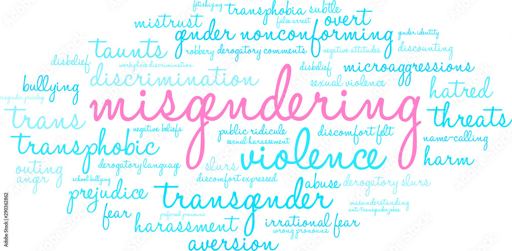 Misgendering Word Cloud on a white background. 