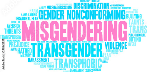 Misgendering Word Cloud on a white background. 