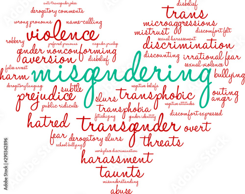 Misgendering Word Cloud on a white background. 