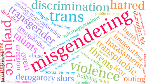 Misgendering Word Cloud on a white background. 