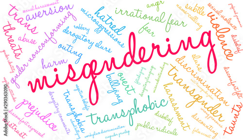 Misgendering Word Cloud on a white background. 