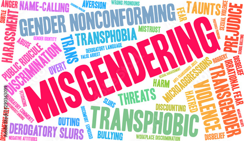 Misgendering Word Cloud on a white background. 