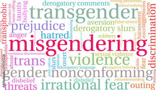 Misgendering Word Cloud on a white background. 