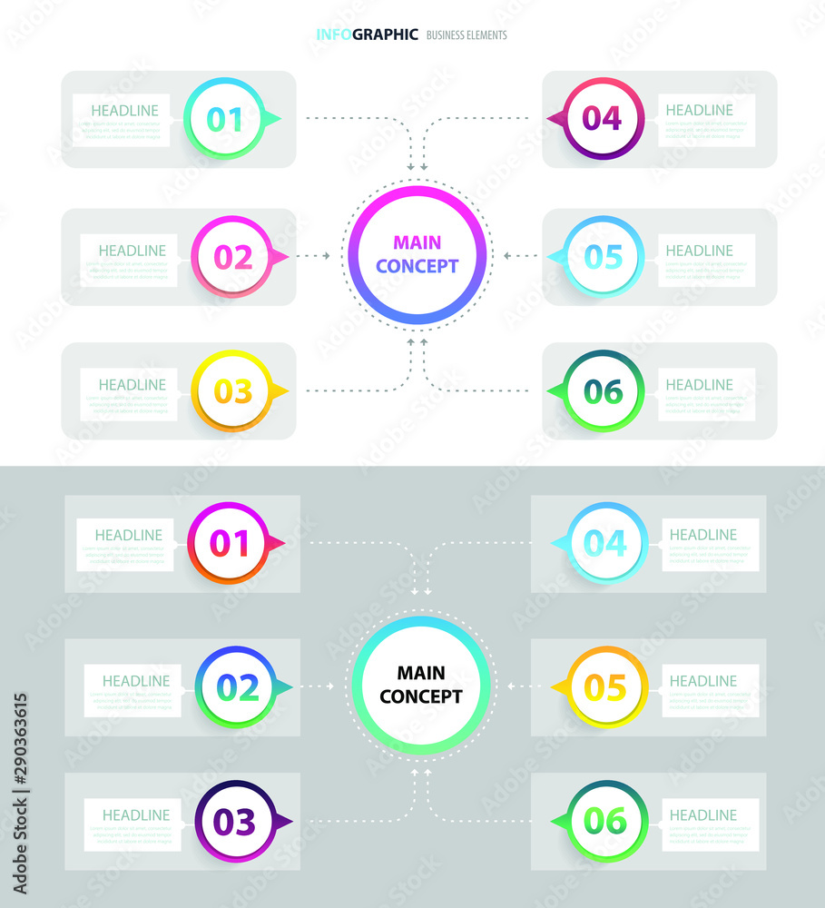 Fototapeta premium Set of abstract infographic template with a six steps for success. Business circle template with options for brochure, diagram, workflow, timeline, web design. Vector EPS 10