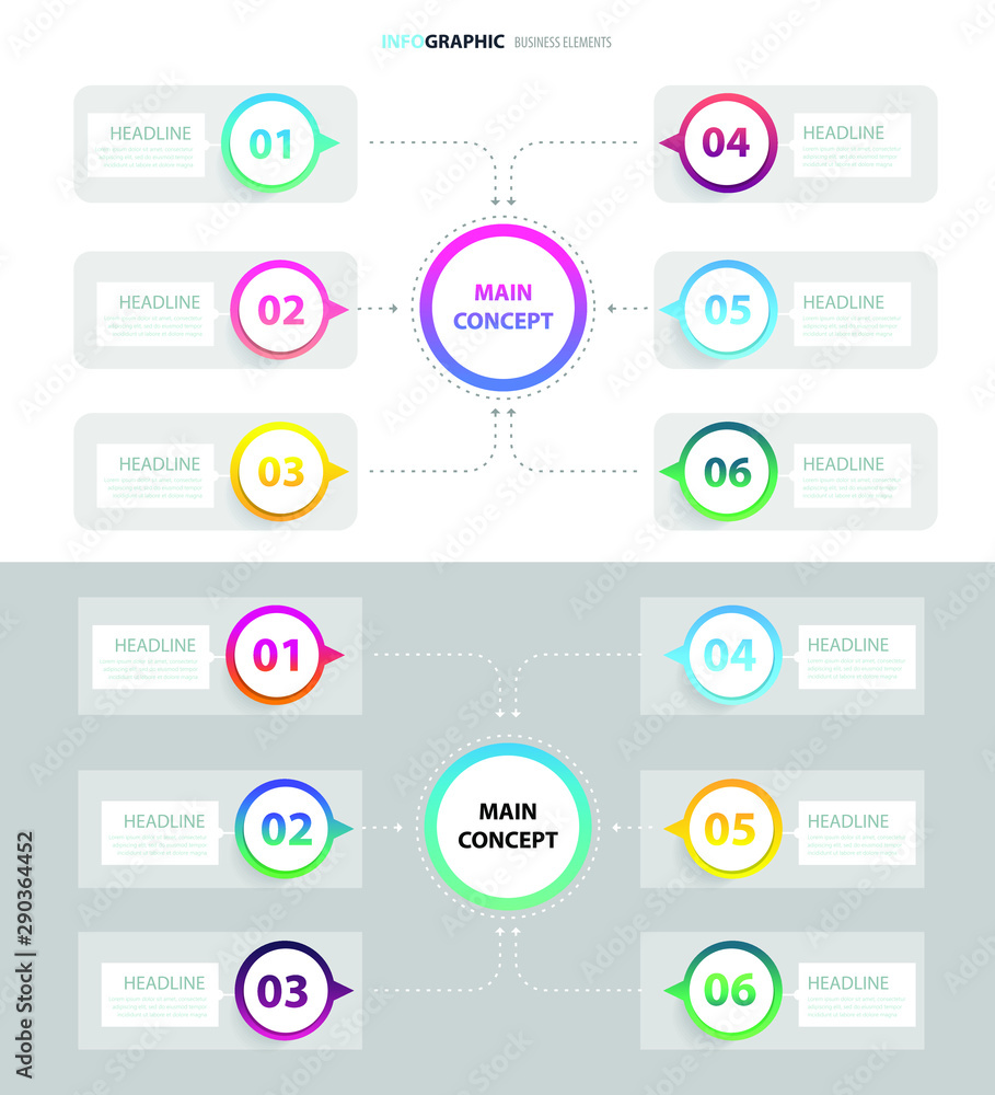 Set of abstract infographic template with a six steps for success. Business circle template with options for brochure, diagram, workflow, timeline, web design. Vector EPS 10 Set of abstract infographic template with a six steps for success. Business circle template with options for brochure, diagram, workflow, timeline, web design. Vector EPS 10
