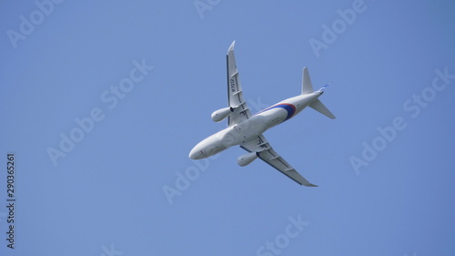 Moscow Russia Zhukovsky Airfield 31 August 2019: Commercial passenger airplane Sukhoi Superjet 100 flying demonstration flight of the international aerospace salon MAKS-2019