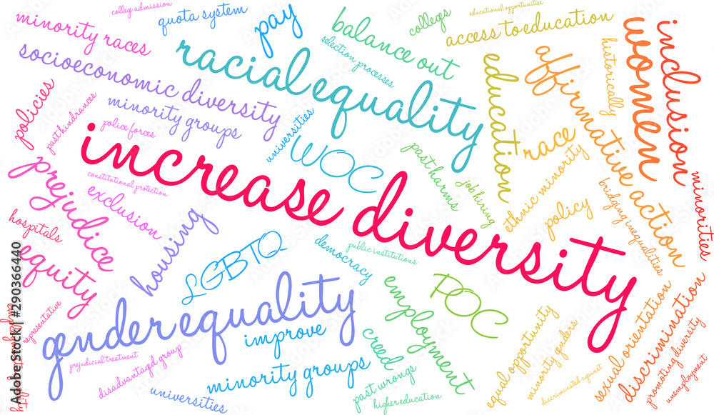 Increase Diversity Word Cloud on a white background. 