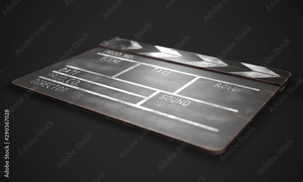 Clapperboard on a dark background close-up. 3d rendering. Clapperboard on a dark background close-up. 3d rendering.