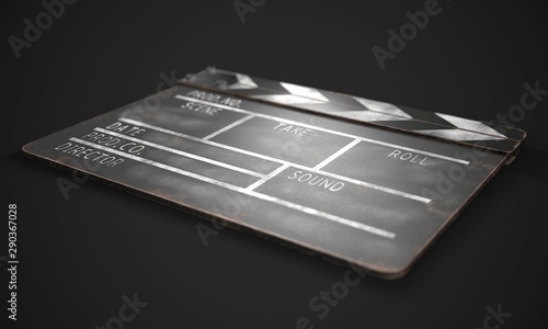 Clapperboard on a dark background close-up. 3d rendering.