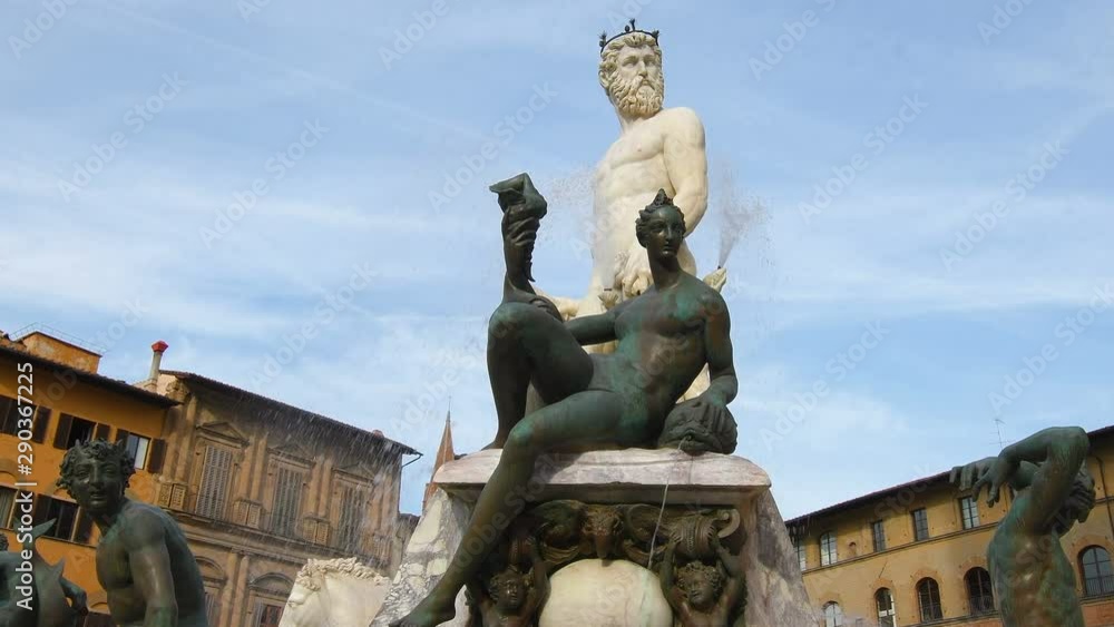 The Fountain of Neptune (Italian: Fontana del Nettuno) is a fountain in Florence, Italy, situated on the Piazza della Signoria (Signoria square), in front of the Palazzo Vecchio. 4K UHD Video. The Fountain of Neptune (Italian: Fontana del Nettuno) is a fountain in Florence, Italy, situated on the Piazza della Signoria (Signoria square), in front of the Palazzo Vecchio. 4K UHD Video.