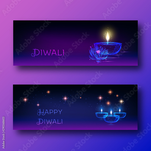 Happy diwali web banners with futuristic glowing oil lamp diya, lotus flower and text.