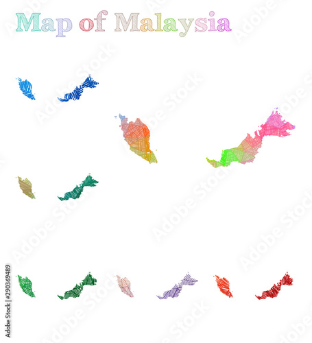 Hand-drawn map of Malaysia. Colorful country shape. Sketchy Malaysia maps collection. Vector illustration.