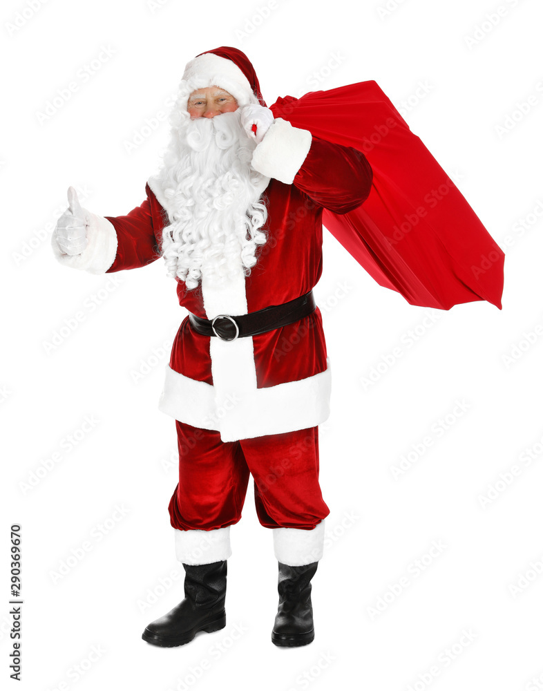 Authentic Santa Claus with bag full of gifts on white background Authentic Santa Claus with bag full of gifts on white background