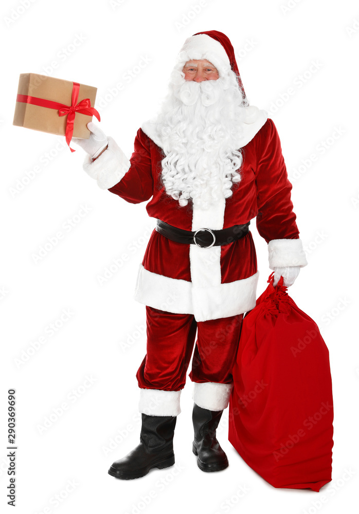 Authentic Santa Claus with sack and gifts on white background Authentic Santa Claus with sack and gifts on white background