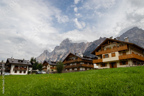 Cozy Alpine Buildings in Dolomite Alps mountains in Italy. Cordtina de Ampezzo, Italy