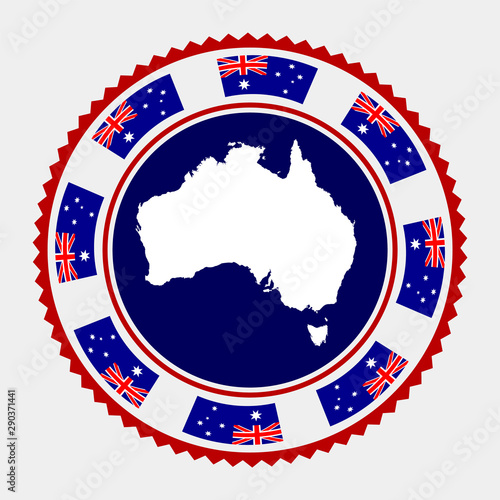 Australia flat stamp. Round logo with map and flag of Australia. Vector illustration.