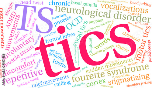 Tics with Tourette's Word Cloud on a white background. 
