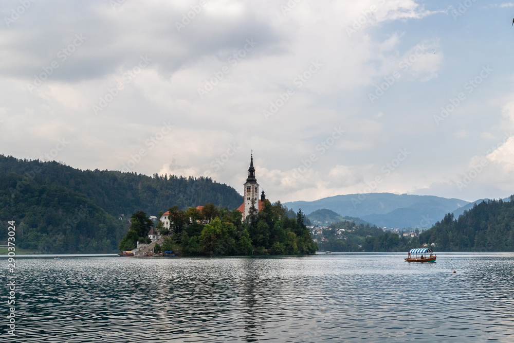 View of Bled Lake with Ducks and small church on the Island. Slovenia, Bled Lake
