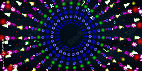 Multi-colored round neon shining, Christmas and New Year background. Colorful abstract glowing on black background fluorescent symbols. Disco night luminescent illumination illustration vector tunnel