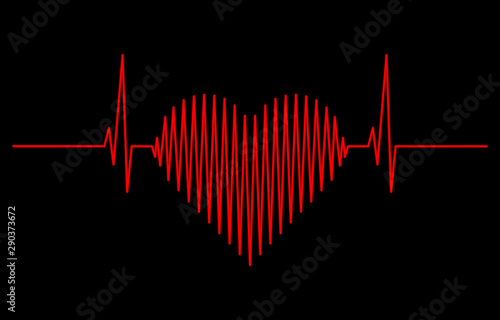 Heart Love Red  icon with sign heartbeat. Black background. Love symbol. Valentine. Heart of love. Vector illustration