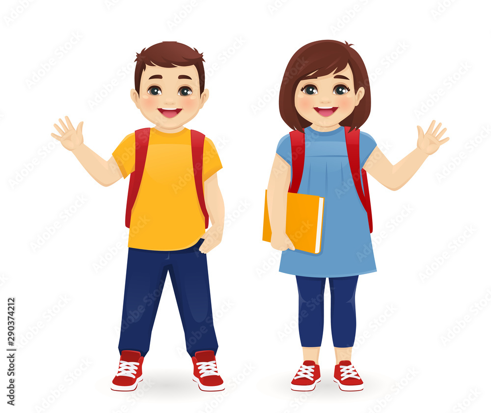 Smiling school boy and girl with backpack waving hand isolated vector illustration