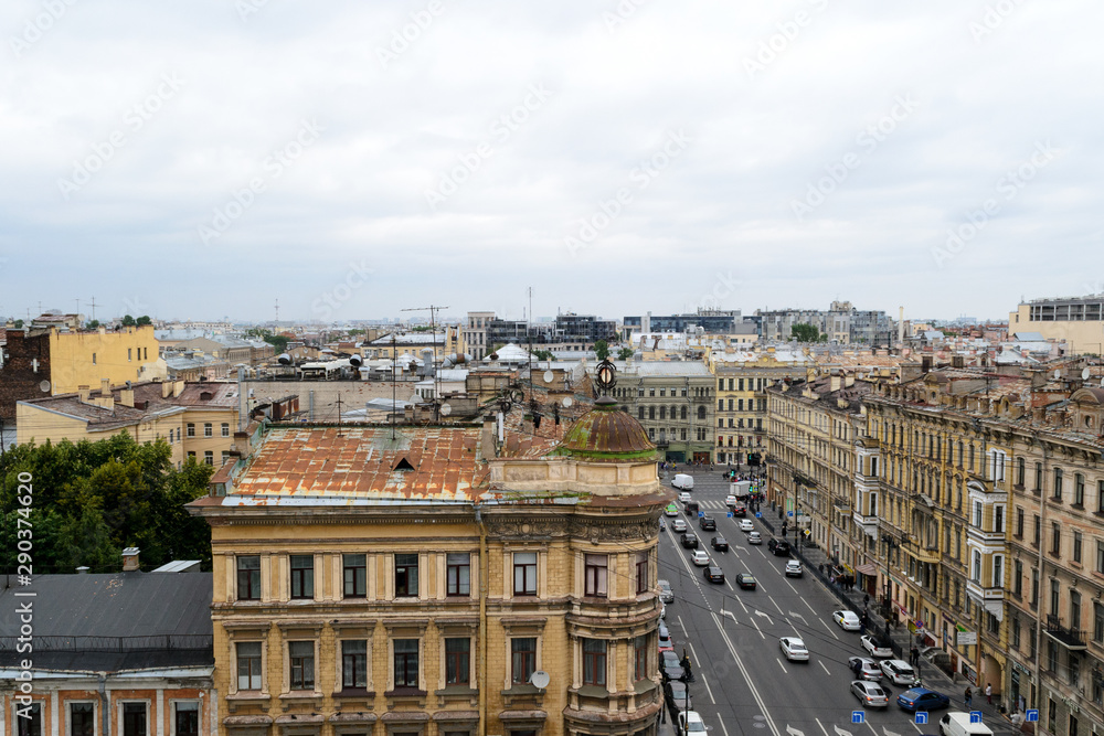 Aerial view of Saint Petersburg seen from the rooftop of a restourant near Nevsky prospect