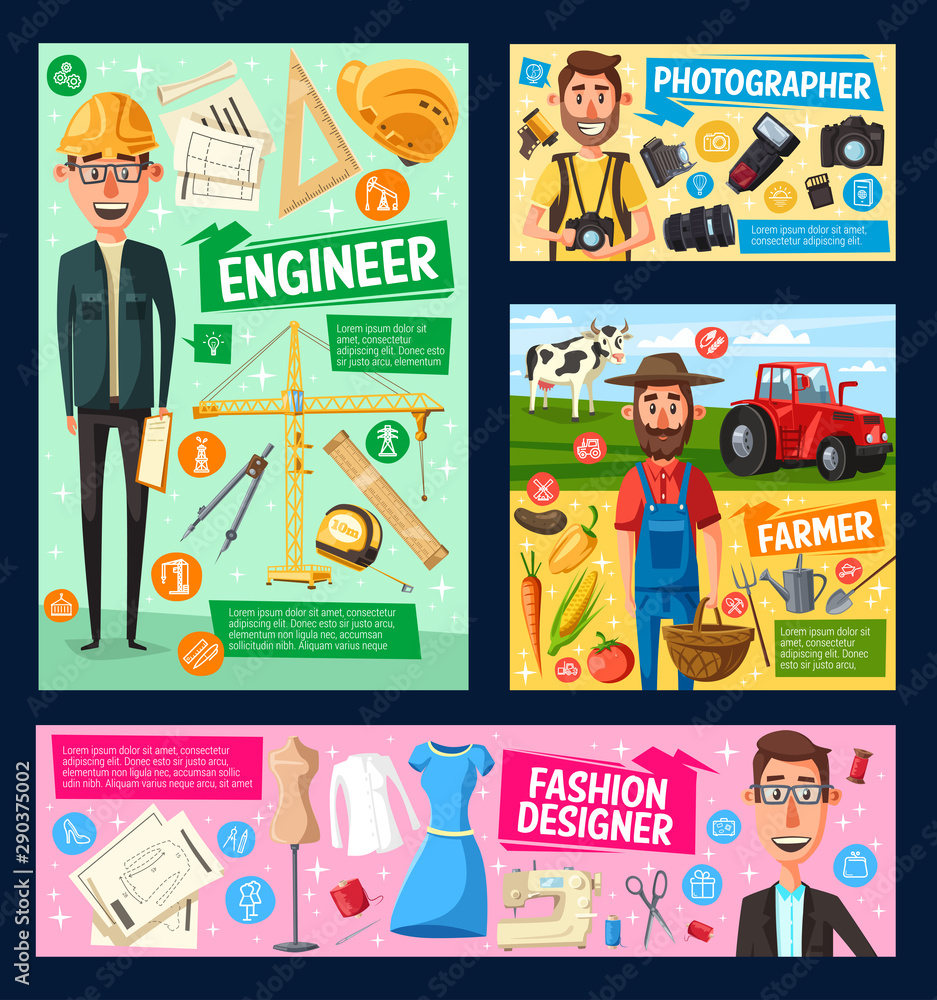 Fototapeta premium Engineer, photographer, farmer, tailor professions