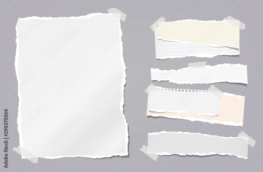 Torn white note, notebook paper strips stuck with sticky tape on dark grey background. Vector illustration Torn white note, notebook paper strips stuck with sticky tape on dark grey background. Vector illustration