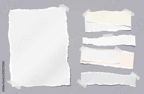 Torn white note, notebook paper strips stuck with sticky tape on dark grey background. Vector illustration
