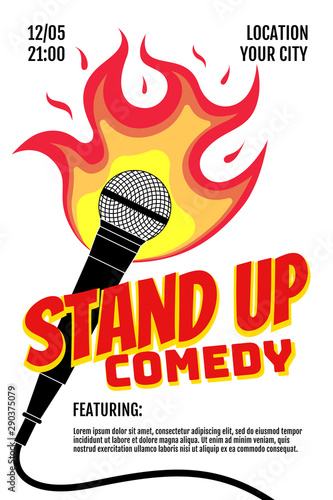 Stand up comedy night live show A3 A4 poster design template. Microphone on fire on white background. Hot comic jokes roast concept flyer. Vector fun burning open mic stage illustration