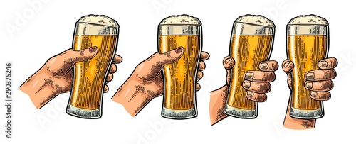 Man and woman hands holding, clinking with beer glass. Engraving