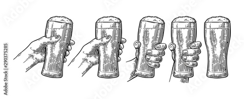 Man and woman hands holding, clinking beer glass. Engraving