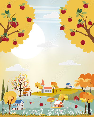 Vector landscapes of Countryside in autumn,Panoramic of cute cartoon village in mid autumn with field, mountains, wild flower and apples trees in yellow foliage. fall season background