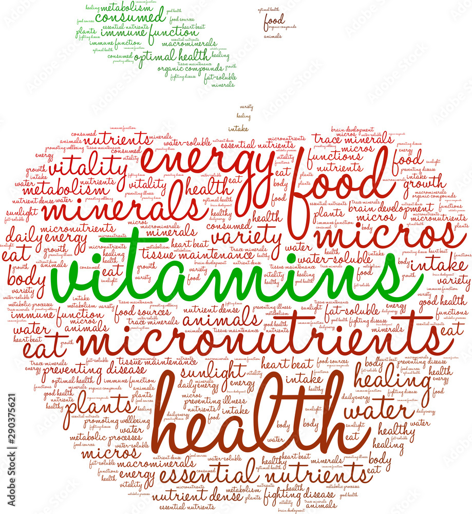 Vitamins Word Cloud on a white background. Vitamins Word Cloud on a white background.