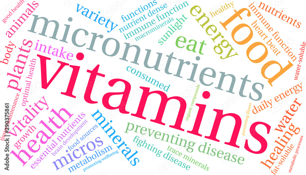 Vitamins Word Cloud on a white background. Vitamins Word Cloud on a white background.