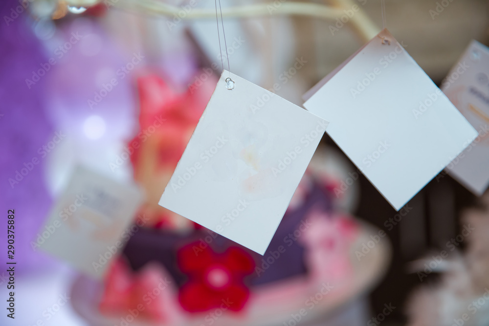 Blank card hanging on string with peg . A sheet of paper on a rope with clothespins on a blurred background .white note . White envelope and beige card hanging on string isolated on blure background .