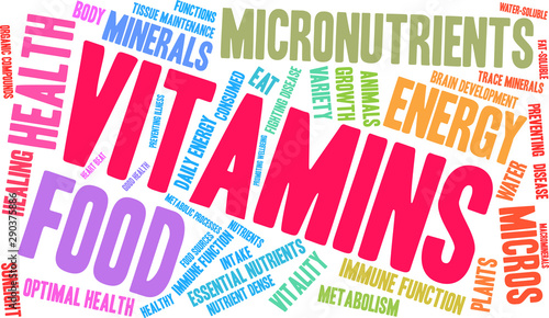 Vitamins Word Cloud on a white background. 