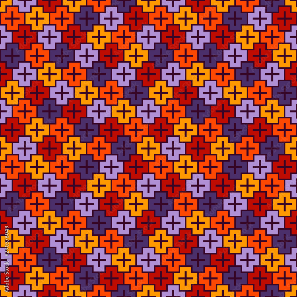 Fototapeta premium Repeated puzzle mosaic background. Seamless pattern in Halloween traditional colors with simple geometric ornament.