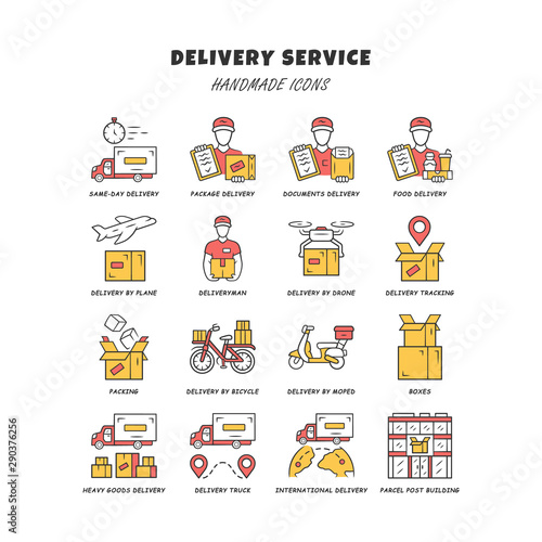 Delivery yellow color icons set. Express goods shipping. Logistics and distribution industry. Cargo, freight shipment. Courier postal service. Isolated vector illustrations