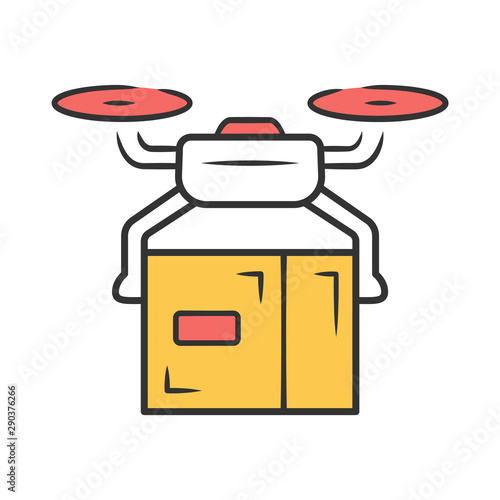 Delivery drone color icon. Quadcopter transporting parcel. UAV with cardboard box. Autonomous drone delivery. Unmanned aerial vehicle and package. Express shipping service Isolated vector illustration