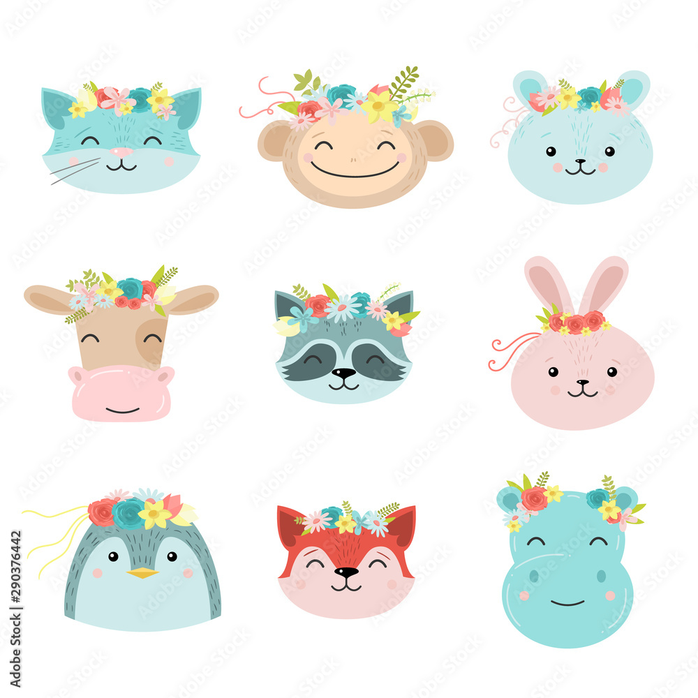 Set of cute animals with floral wreath. Raster illustration in flat cartoon style
