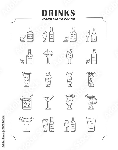 Drinks linear icons set. Alcohol menu card. Beverages for cocktails. Refreshing and warming spirit containing liquors. Thin line contour symbols. Isolated vector outline illustrations. Editable stroke