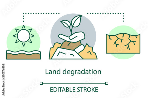 Land degradation concept icon. Soil erosion. Arid region. Dry hot climate. Zone of extreme agriculture. Desertification idea thin line illustration. Vector isolated outline drawing. Editable stroke