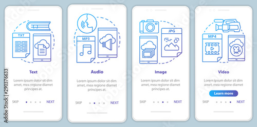 Digital library content onboarding mobile app page screen with linear concepts. Audio media types 4 walkthrough steps graphic instructions in blue. UX, UI, GUI vector template with illustrations