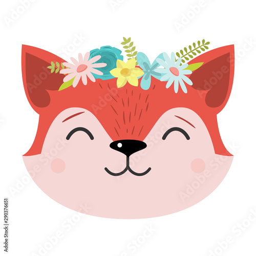 Cute fox in a wreath of flowers. Raster illustration in flat cartoon style.