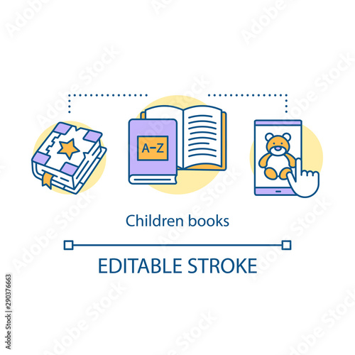 Children books concept icon. Kids literature idea thin line illustration. Fairy tales, storybooks with pictures. Preschool educational exercises. Vector isolated outline drawing. Editable stroke