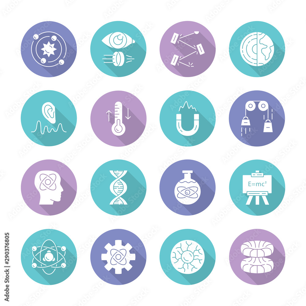 Physics branches flat design long shadow glyph icons set. Physical processes and phenomenons. Classical, modern and quantum physics. Acoustics, thermodynamics. Vector silhouette illustration Physics branches flat design long shadow glyph icons set. Physical processes and phenomenons. Classical, modern and quantum physics. Acoustics, thermodynamics. Vector silhouette illustration
