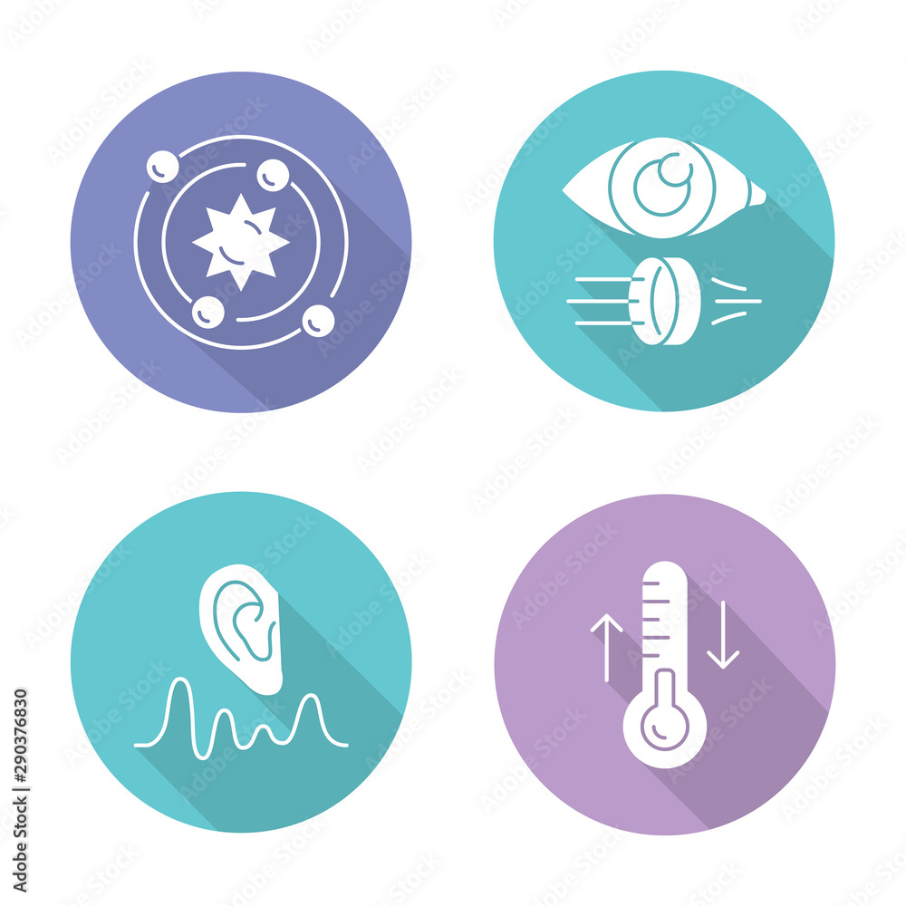 Physics branches flat design long shadow glyph icons set. Astrophysics, optics, acoustics and thermodynamics. Physical processes and phenomenons. Scientific researches. Vector silhouette illustration