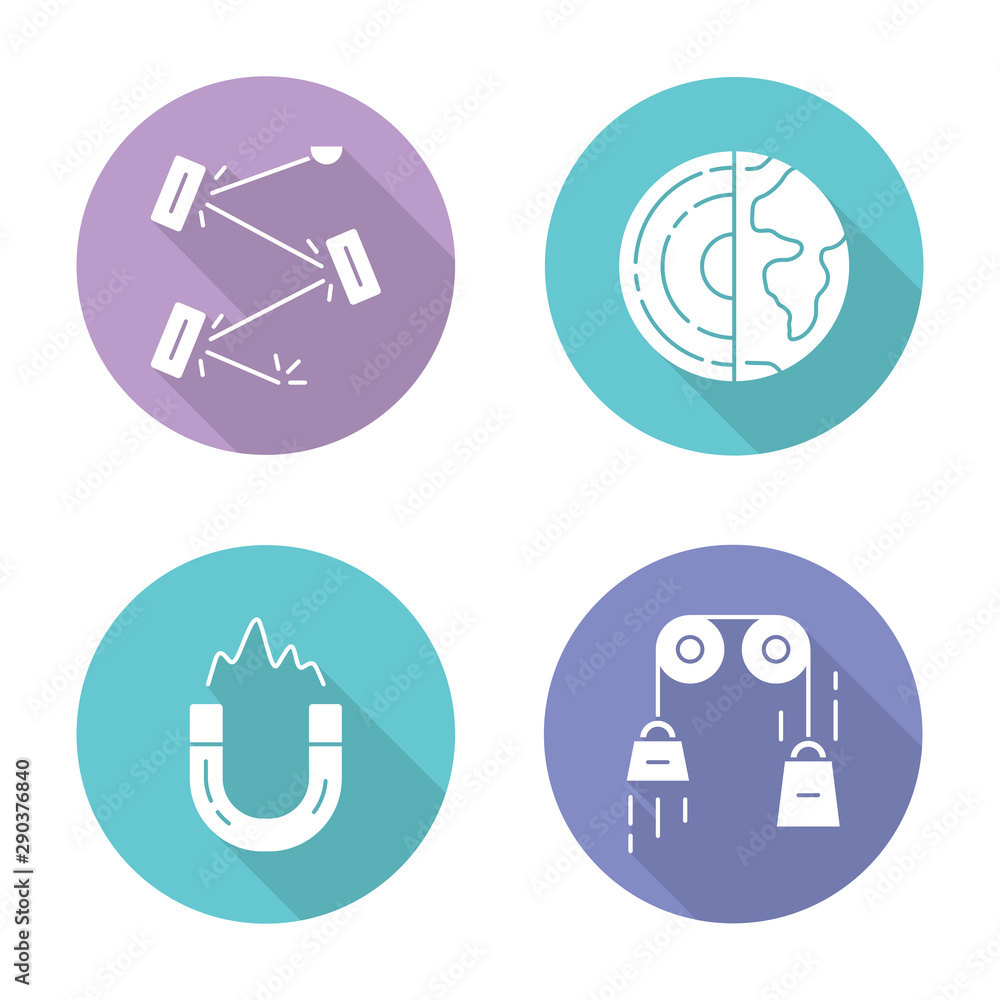 Physics branches flat design long shadow glyph icons set. Laser and classical physics, electromagnetism and geophysics. Physical processes and phenomenons. Vector silhouette illustration Physics branches flat design long shadow glyph icons set. Laser and classical physics, electromagnetism and geophysics. Physical processes and phenomenons. Vector silhouette illustration