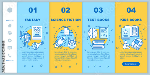 Books catalogue onboarding mobile web pages vector template. Responsive smartphone website interface idea with linear illustrations. Webpage walkthrough step screens. Color concept